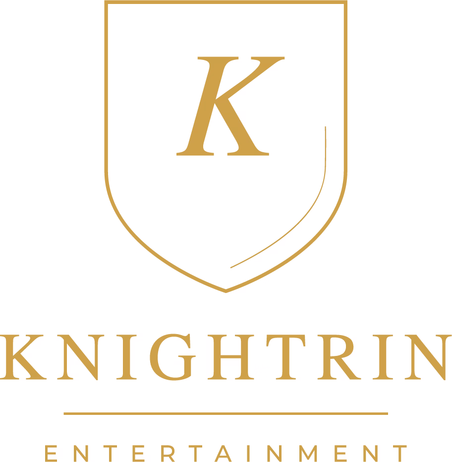 A gold letter “K” inside a shield above the words “Knight Rin Entertainment” in gold text on a light background.