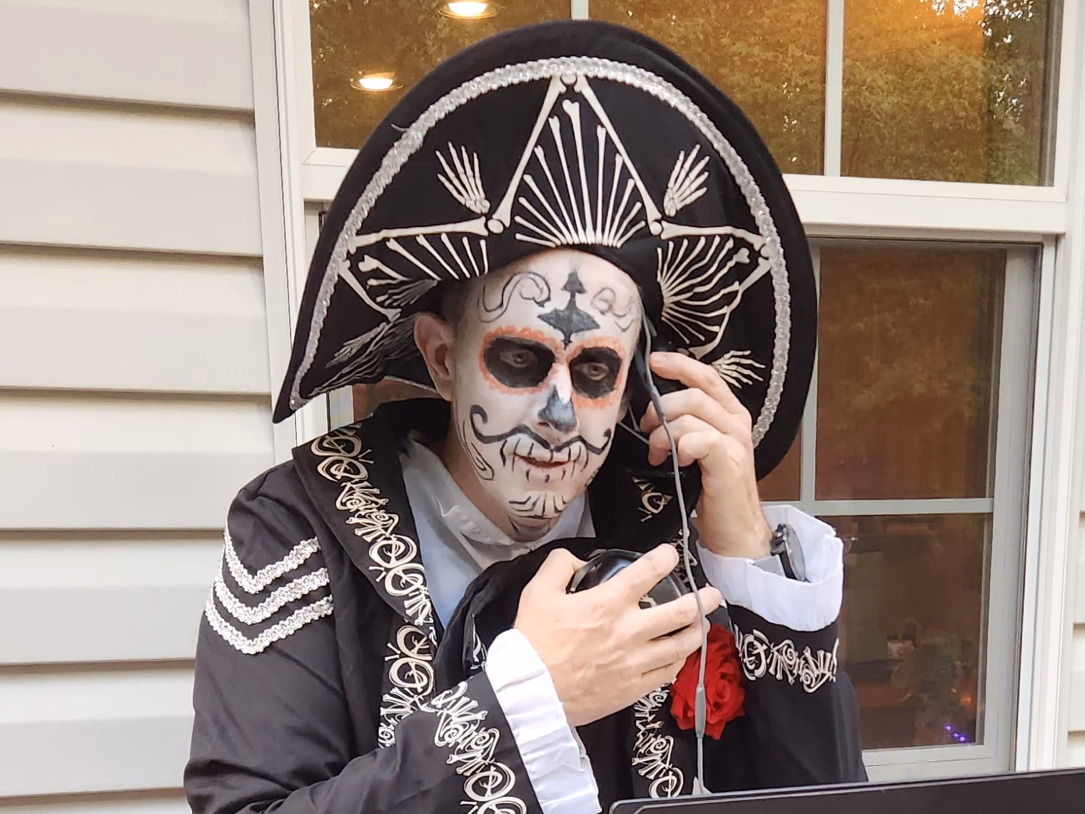 Halloween party DJ in Day of the Dead costume at a private Arnold, MD party